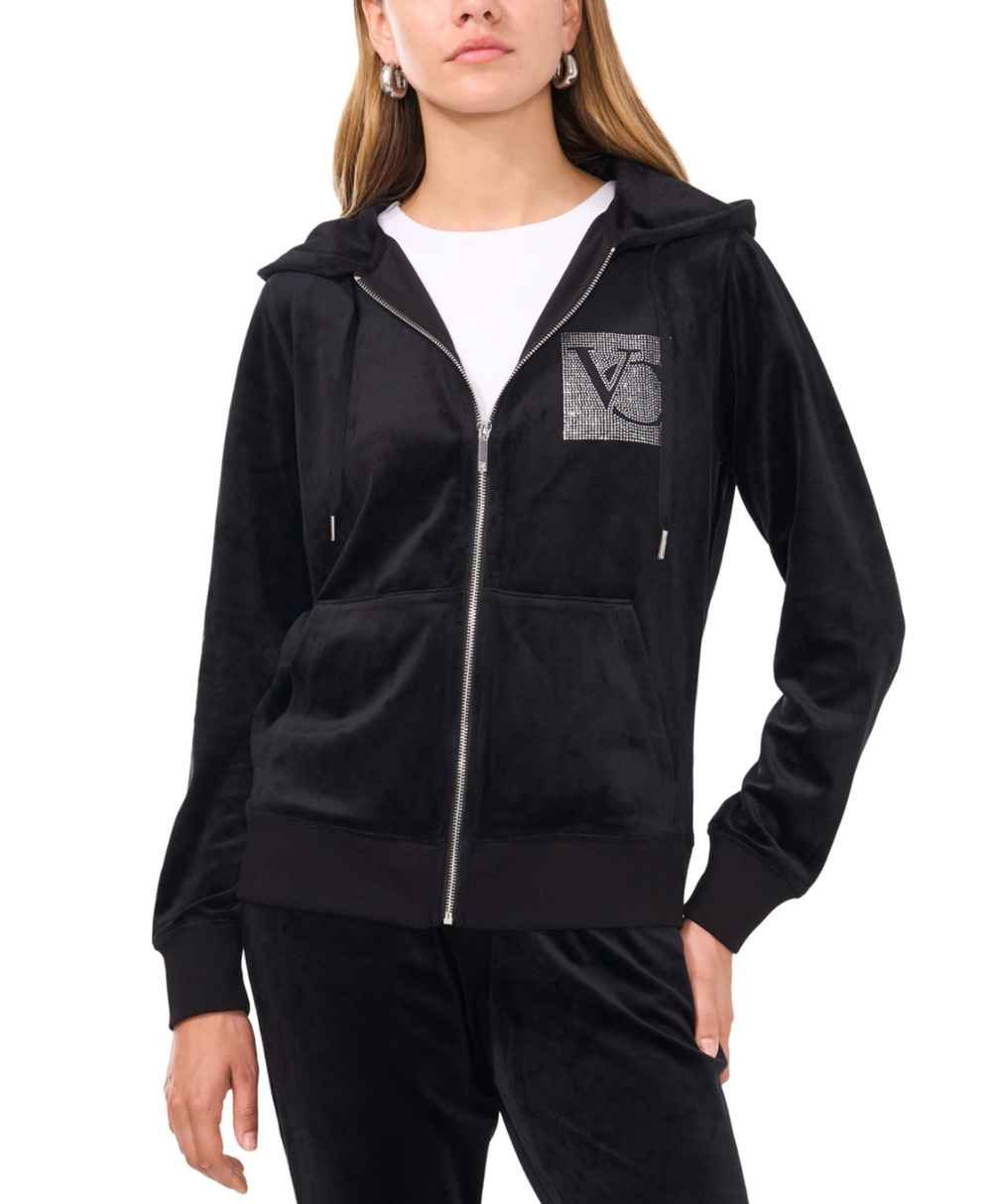 Vince Camuto Women Velour Rhinestone Logo Hoodie Black Size L